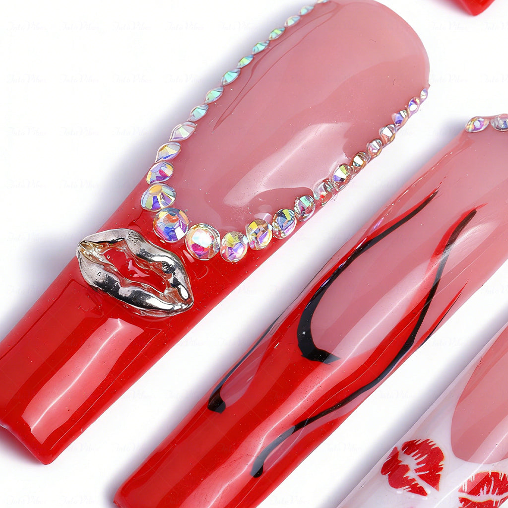 Lip Print French  Red & Nude Long Square Press-Ons with Lip Accents & Rhinestone Details