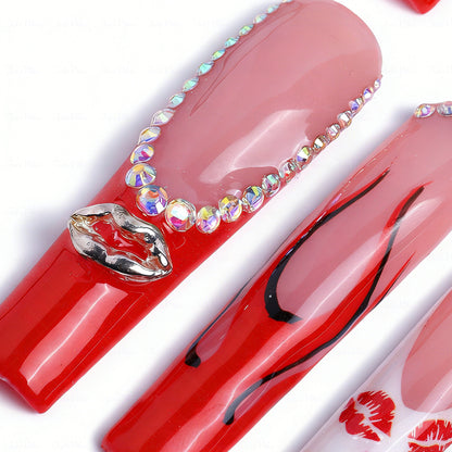 Lip Print French  Red & Nude Long Square Press-Ons with Lip Accents & Rhinestone Details