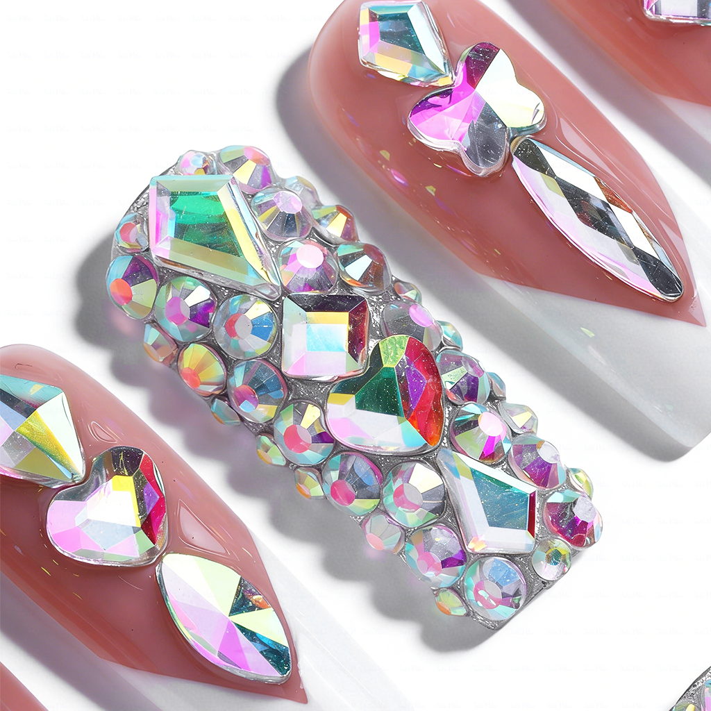 Rainbow V French-Nude & White Medium Square Press-Ons with V-Tip & Iridescent Rhinestone Accents