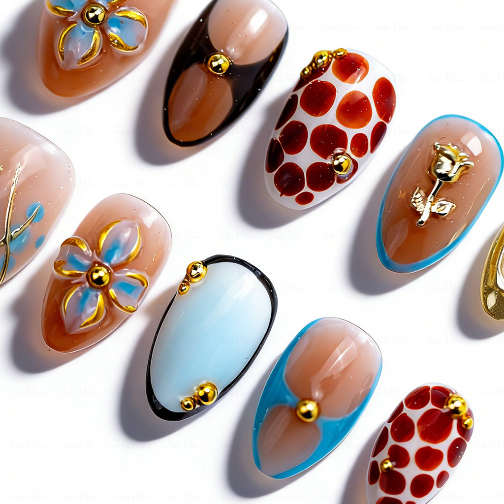 Caramel Retro Boho – Brown & Blue Medium Almond Press-Ons with 3D Flower & Gold Charms