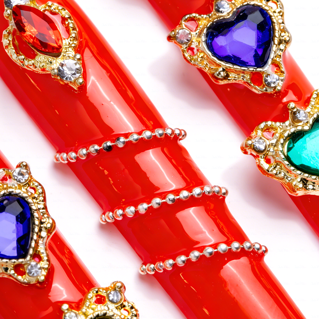 Royal Heart – Bright Red Long Square Press-Ons with Multi-Color Heart Gem & Gold Accents