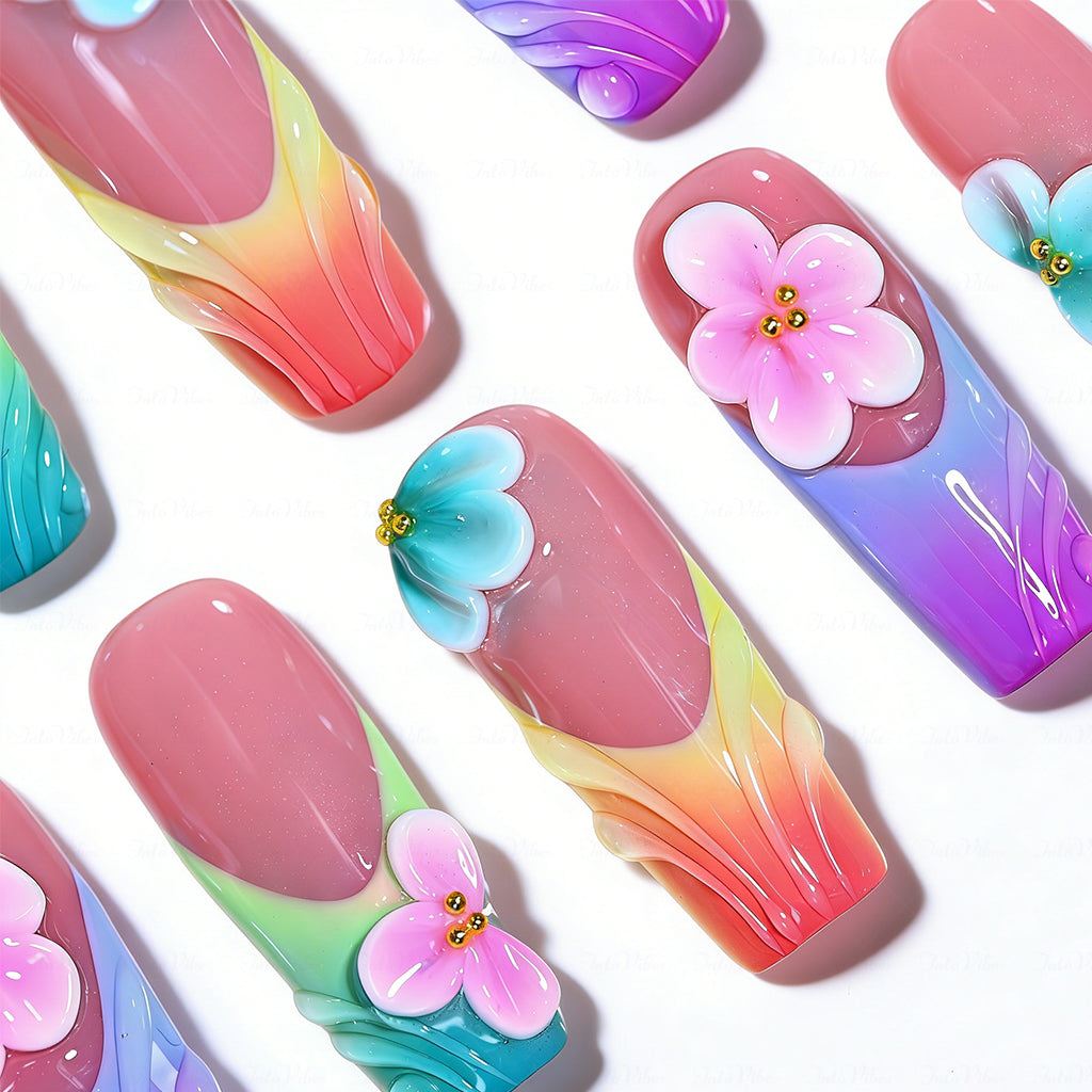 Rainbow Fairy Floral – Nude & Rainbow Medium Square Press-Ons with 3D Flower Charms