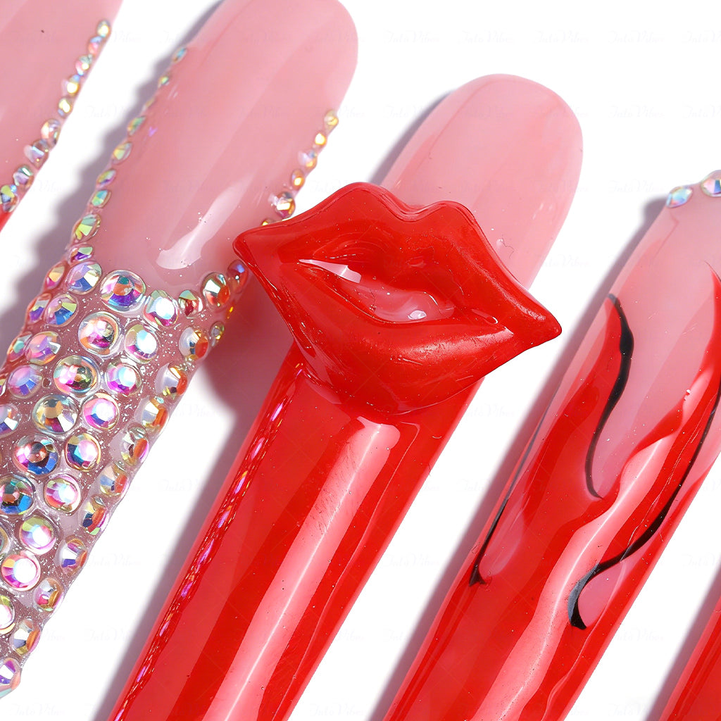 3D Lip French  Red & Nude Long Square Press-Ons with 3D Lip Charms & Rhinestone Details