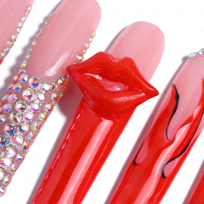 3D Lip French  Red & Nude Long Square Press-Ons with 3D Lip Charms & Rhinestone Details