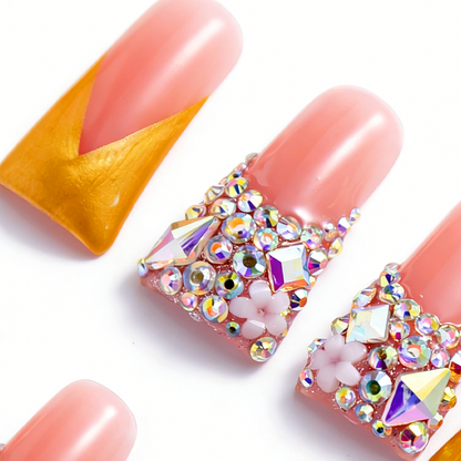 Sunset Blossom – Pink & Gold Long Duck Press-Ons with Crystal & Floral Accents