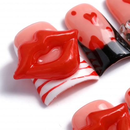 Lipstick Babe-Nude & Red Short Duck Press-Ons with 3D Lip & Heart Gem Accents