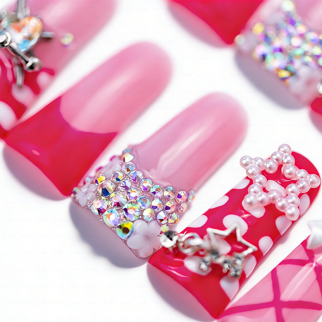 Bubblegum Glam – Pink Ombré Long Duck Press-Ons with Star & Bow Accents