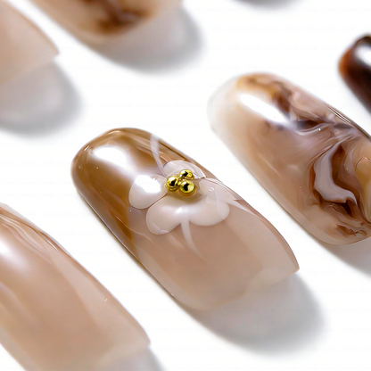 Latte Swirl – Nude Brown Medium Square Press-Ons with Marble Swirl & 3D Floral Accents