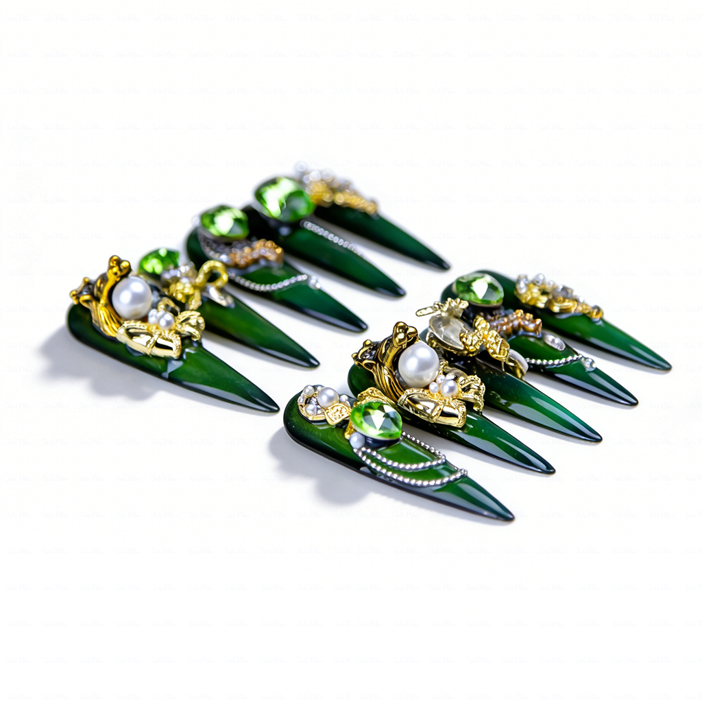 Emerald Royale – Deep Forest Green Long Stiletto Press-Ons with Emerald Gems, Gold Crown & Bow Charms