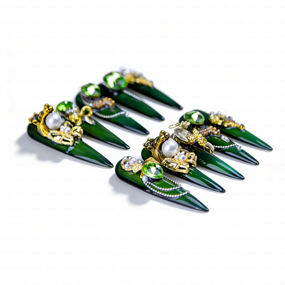 Emerald Royale – Deep Forest Green Long Stiletto Press-Ons with Emerald Gems, Gold Crown & Bow Charms