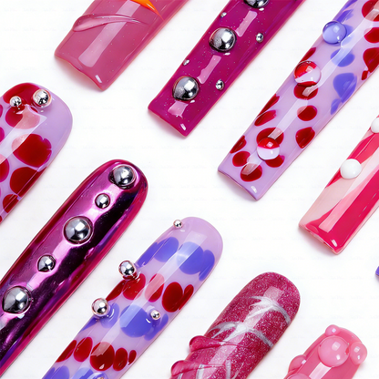 Pink Pop Art – Multi-Tone Long Square Press-Ons with 3D Dot & Stud Accents