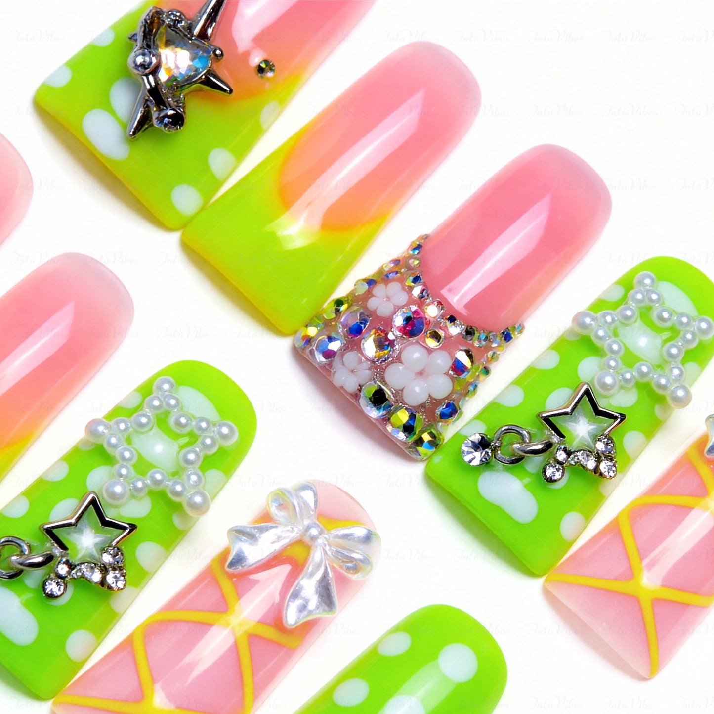 Neon Sweetie-Pink & Neon Green Long Duck Press-Ons with 3D Star & Bow Charms