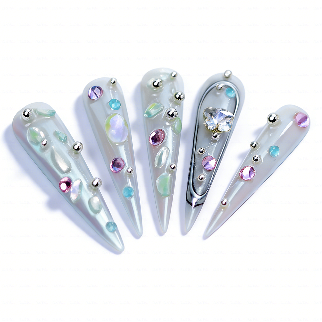 Aurora Crystal – Iridescent Mint Stiletto Press-Ons with Mixed Rhinestone Accents