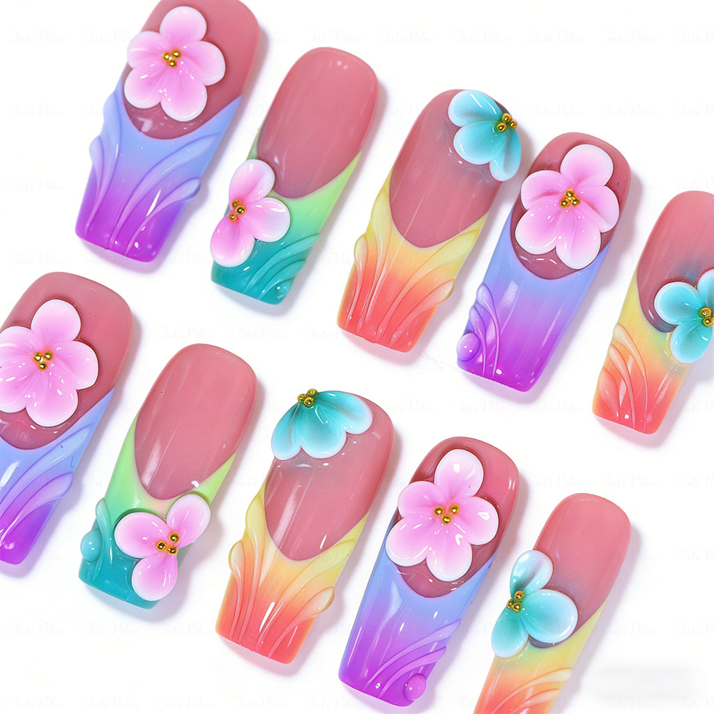 Rainbow Fairy Floral – Nude & Rainbow Medium Square Press-Ons with 3D Flower Charms