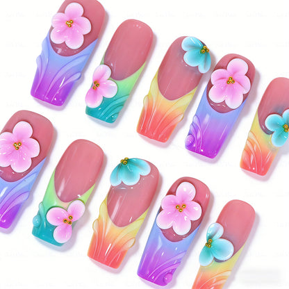 Rainbow Fairy Floral – Nude & Rainbow Medium Square Press-Ons with 3D Flower Charms