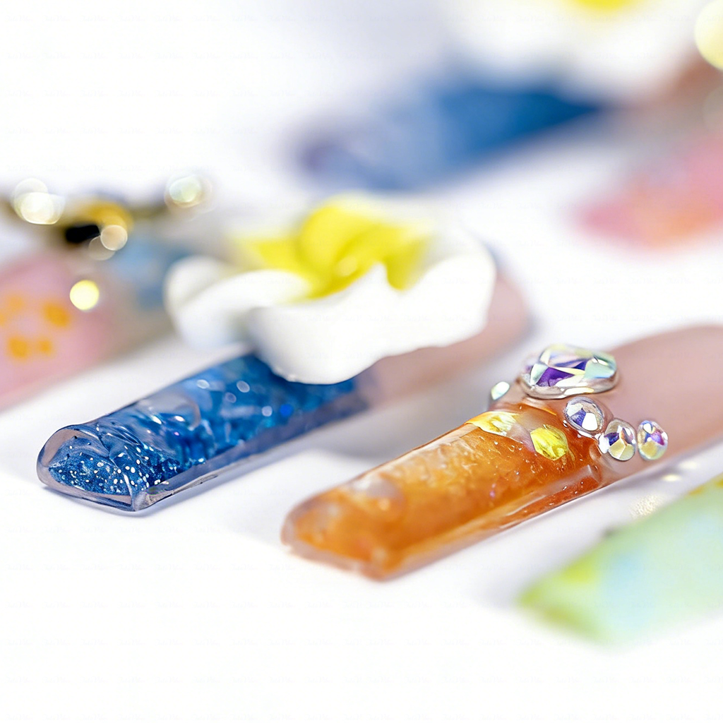 Plumeria Honey Bee  Pastel Rainbow Long Square Water Press-Ons with 3D Flower & Bee Charms