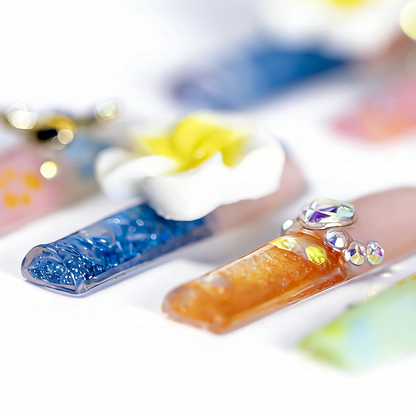 Plumeria Honey Bee  Pastel Rainbow Long Square Water Press-Ons with 3D Flower & Bee Charms