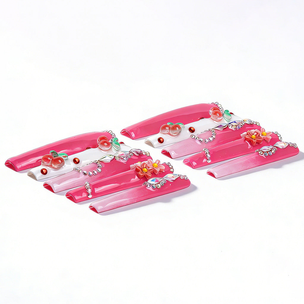 Cherry Blossom  Hot Pink Long Square Press-Ons with 3D Cherry & Flower Charms