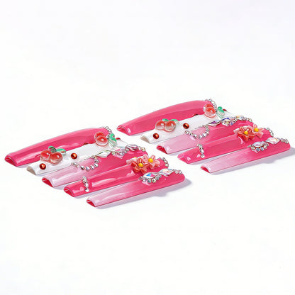 Cherry Blossom  Hot Pink Long Square Press-Ons with 3D Cherry & Flower Charms