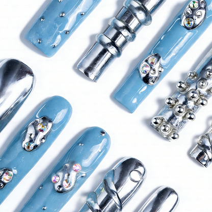 Chrome Frost – Slate Blue & Silver Long Square Press-Ons with Crystal Accents