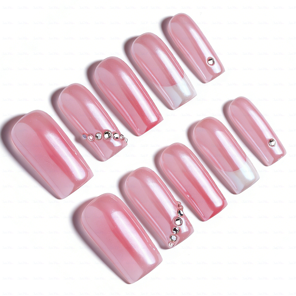 Aurora Blush – Pink & White Medium Square Press-Ons with Crystal Accents