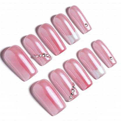 Aurora Blush – Pink & White Medium Square Press-Ons with Crystal Accents