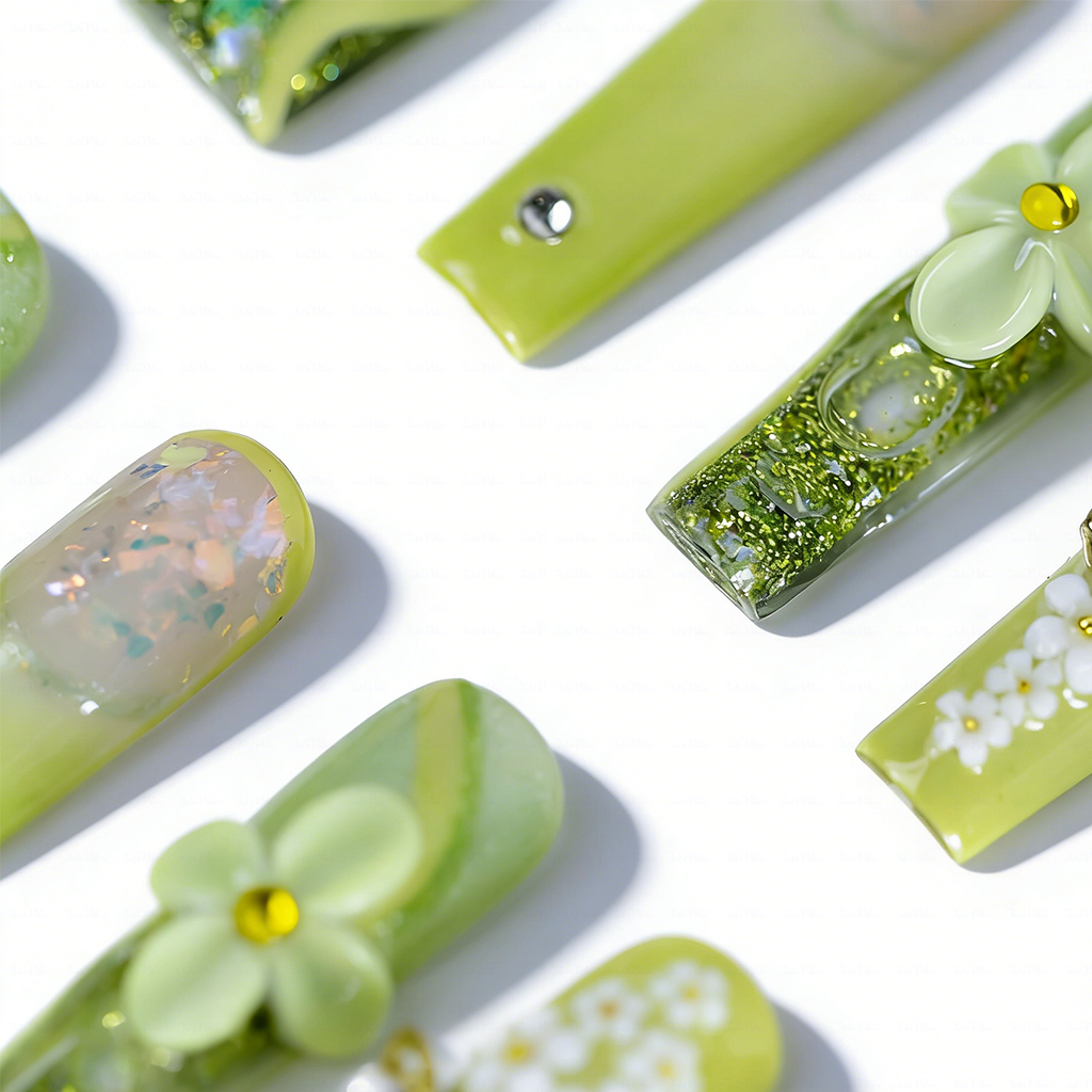 Lime Bloom-Light Green Long Square Water Press-Ons with 3D Floral & Gold Butterfly Charms