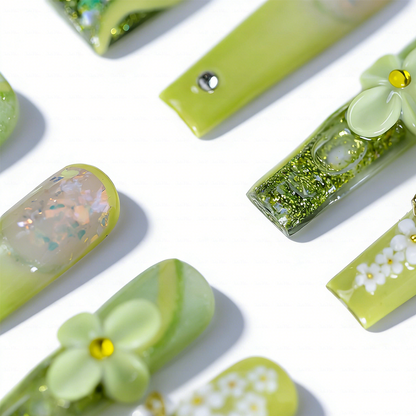 Lime Bloom-Light Green Long Square Water Press-Ons with 3D Floral & Gold Butterfly Charms