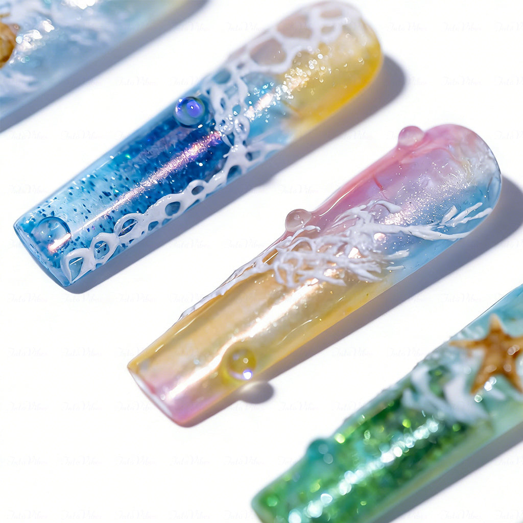 Beach Wave Pastel Rainbow Long Square Water Press-Ons with Hand-Painted Ocean & Starfish Accents
