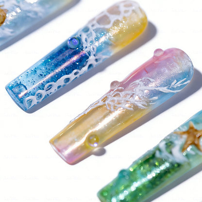 Beach Wave Pastel Rainbow Long Square Water Press-Ons with Hand-Painted Ocean & Starfish Accents