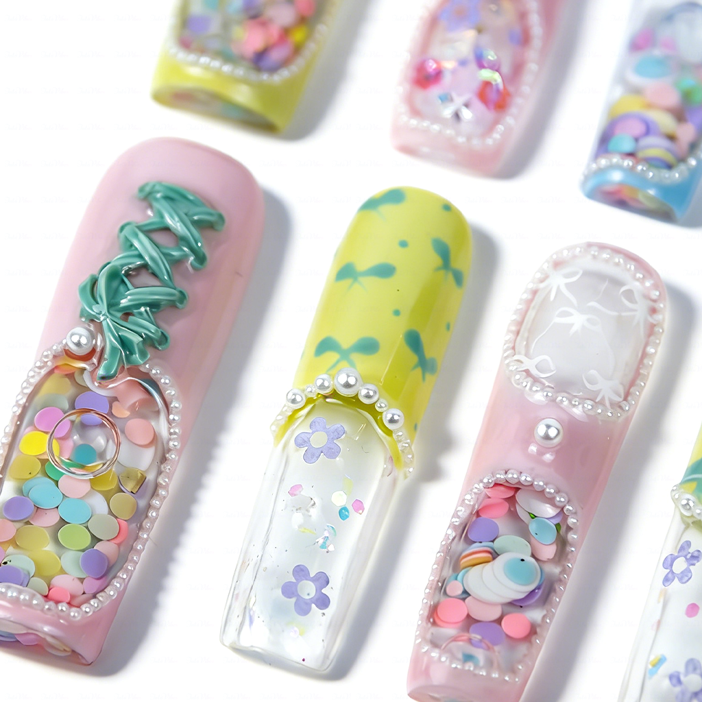 Pastel Quicksand  Multi-Color Long Square Water Press-Ons with 3D Bow & Sequin Accents