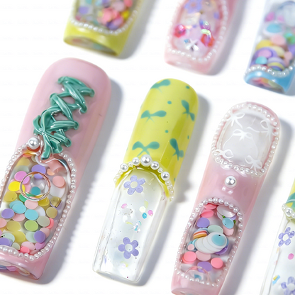 Pastel Quicksand  Multi-Color Long Square Water Press-Ons with 3D Bow & Sequin Accents