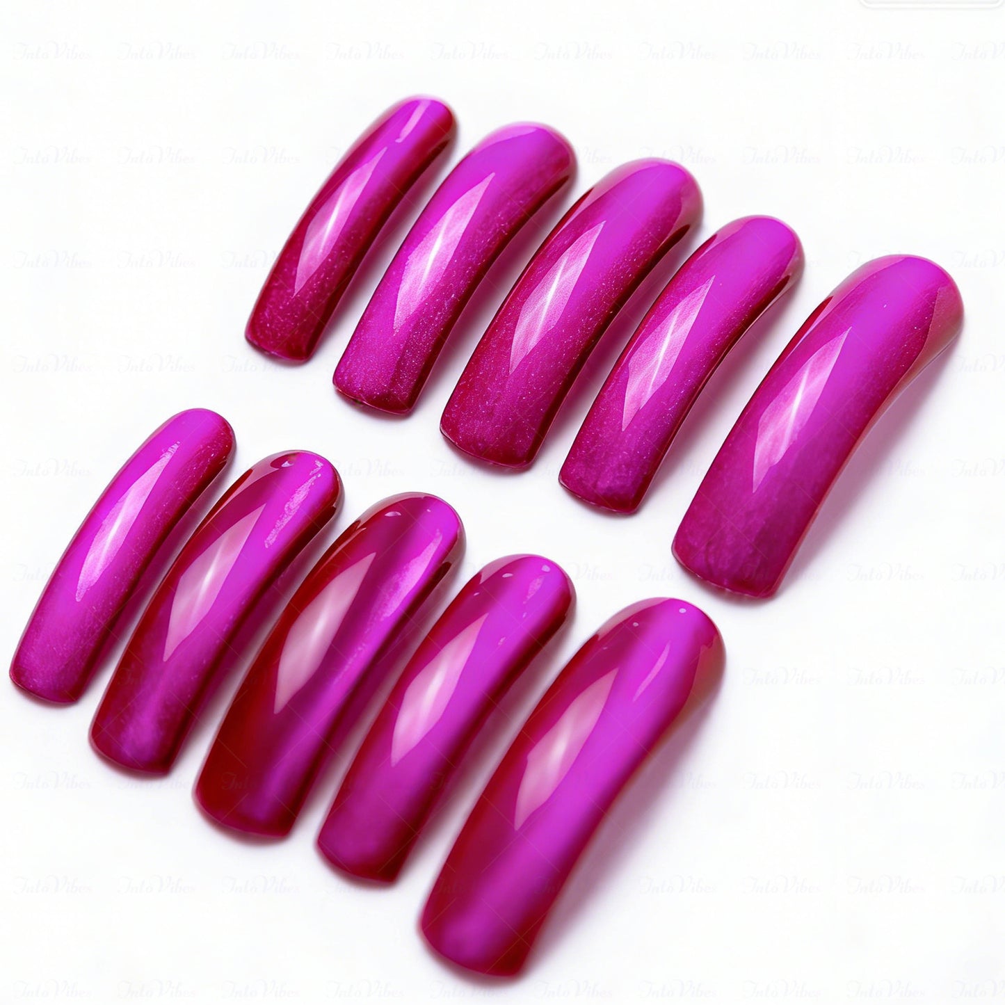 Magenta Glow-Fuchsia Pink Long Downward Curved Press-Ons with Magnetic Cat Eye Gloss Finish
