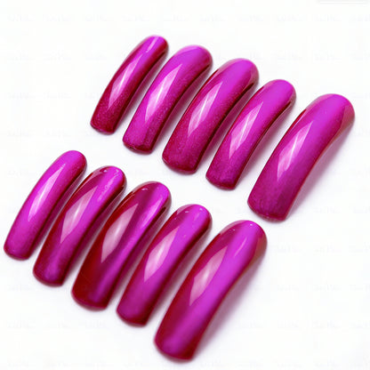 Magenta Glow-Fuchsia Pink Long Downward Curved Press-Ons with Magnetic Cat Eye Gloss Finish