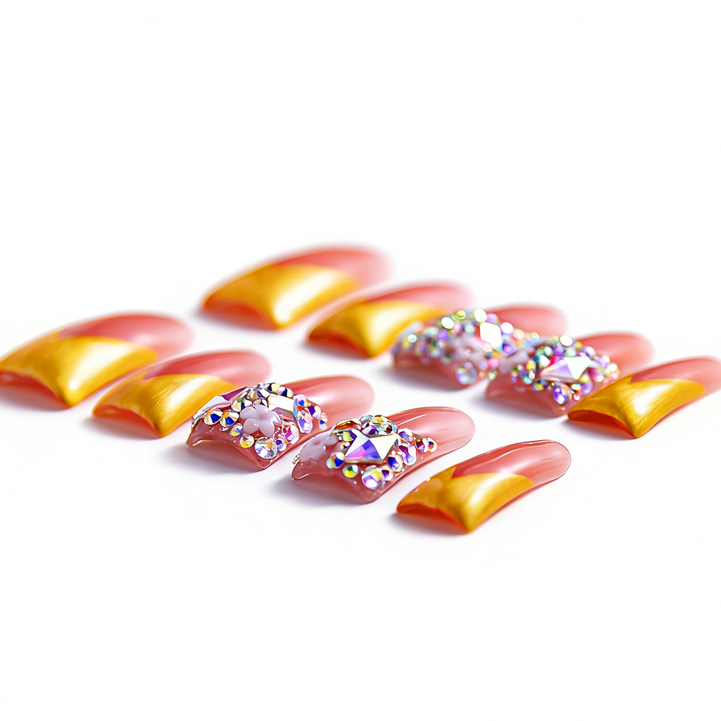 Sunset Blossom – Pink & Gold Long Duck Press-Ons with Crystal & Floral Accents