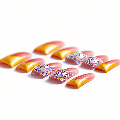 Sunset Blossom – Pink & Gold Long Duck Press-Ons with Crystal & Floral Accents