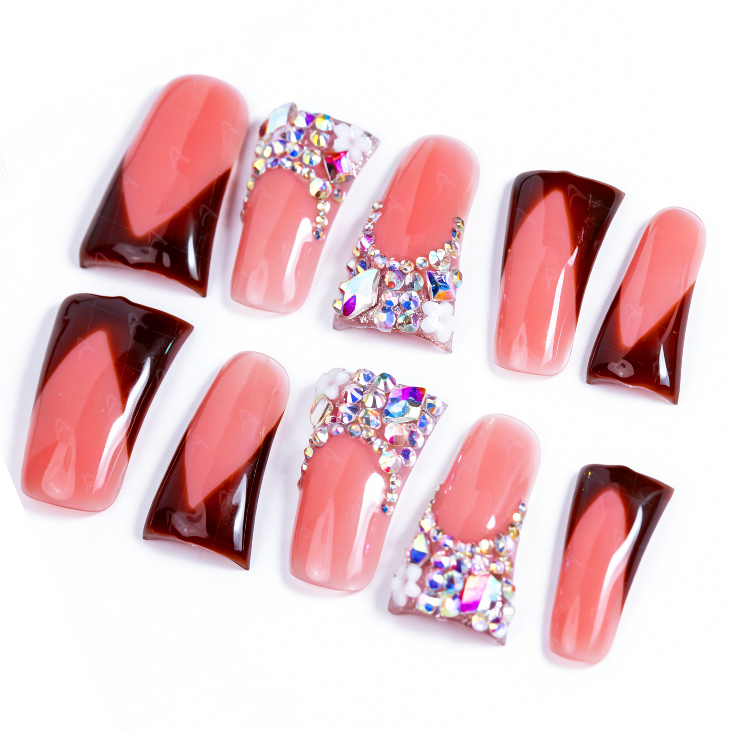 Chocolate V French – Nude & Brown Long Duck Press-Ons with Iridescent Rhinestone Accents