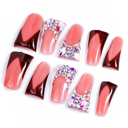 Chocolate V French – Nude & Brown Long Duck Press-Ons with Iridescent Rhinestone Accents