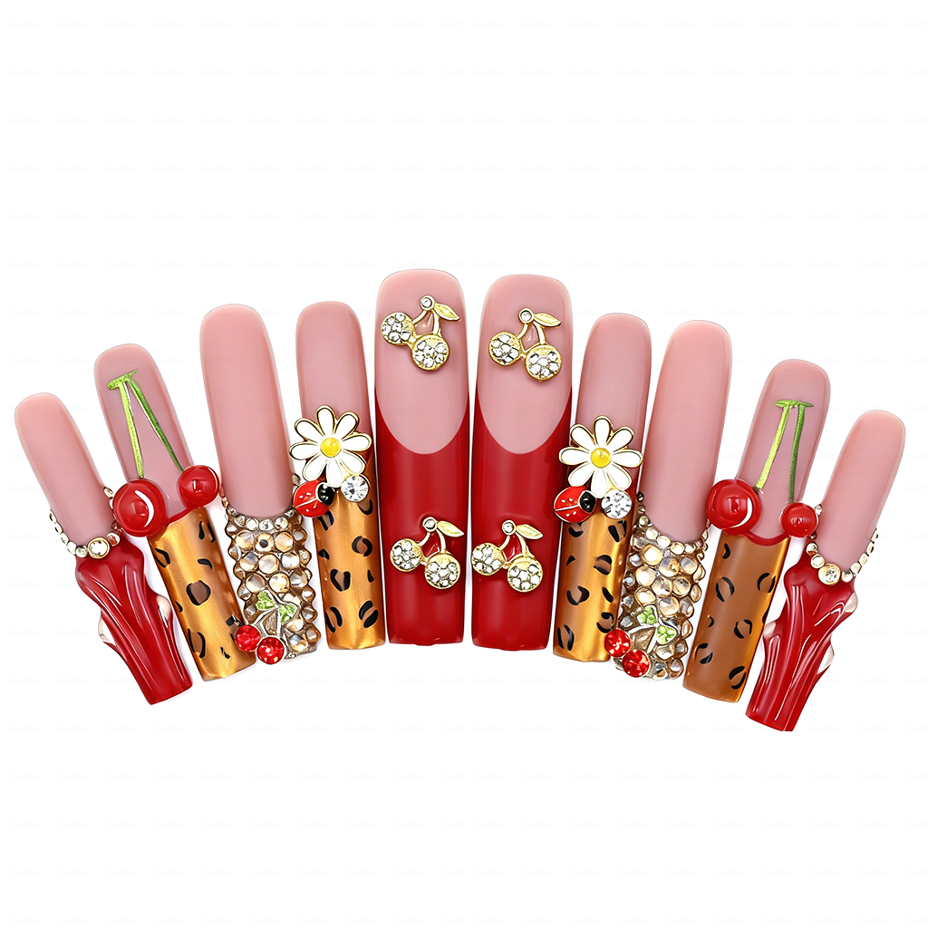 Cherry Leopard-Red & Nude Long Square Press-Ons with 3D Cherry & Leopard Print Accents
