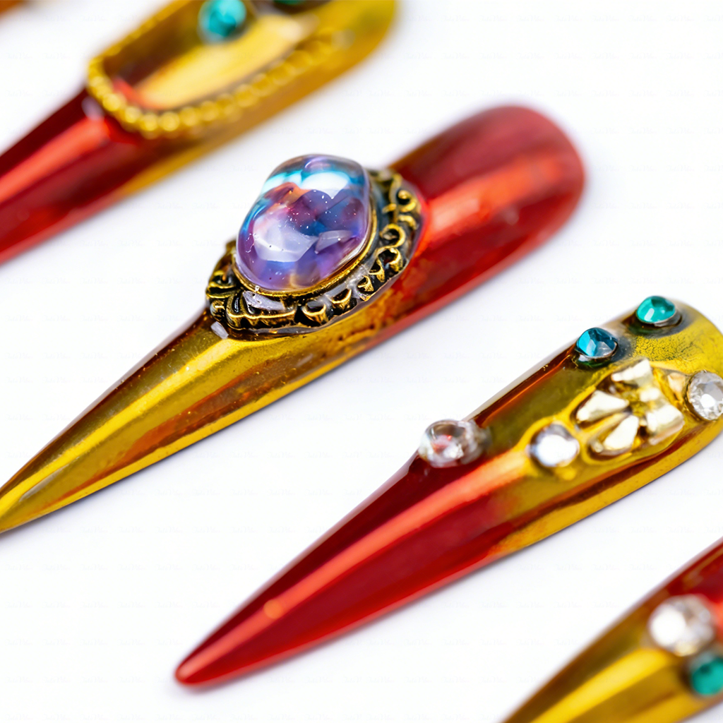 Royal Gala – Red & Gold Stiletto Press-Ons with Crystal & Pearl Accents