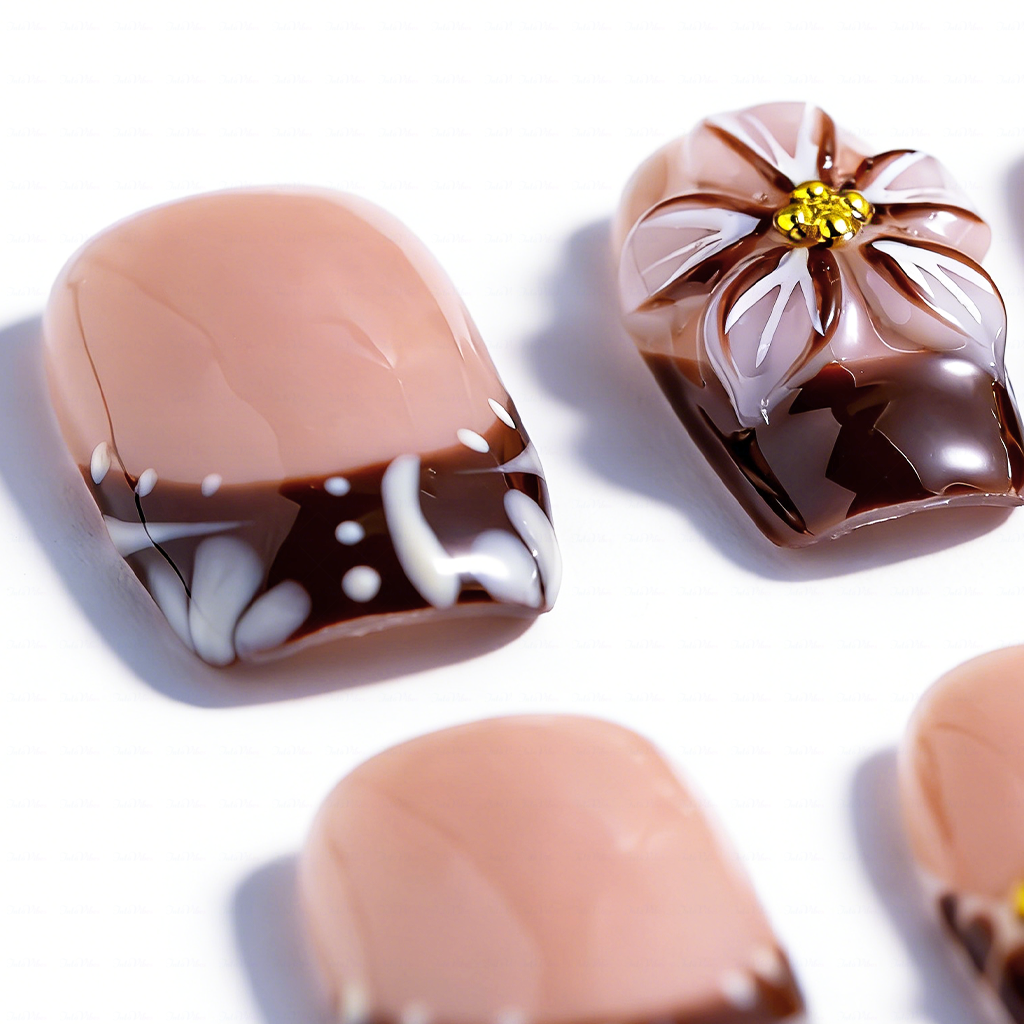 Cocoa Bloom – Nude Brown Short Square Press-Ons with Leopard Print & 3D Floral Accents