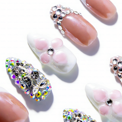 Bridal Blush – Nude Pink Short Almond Press-Ons with French Tips & Full Rhinestone Accents