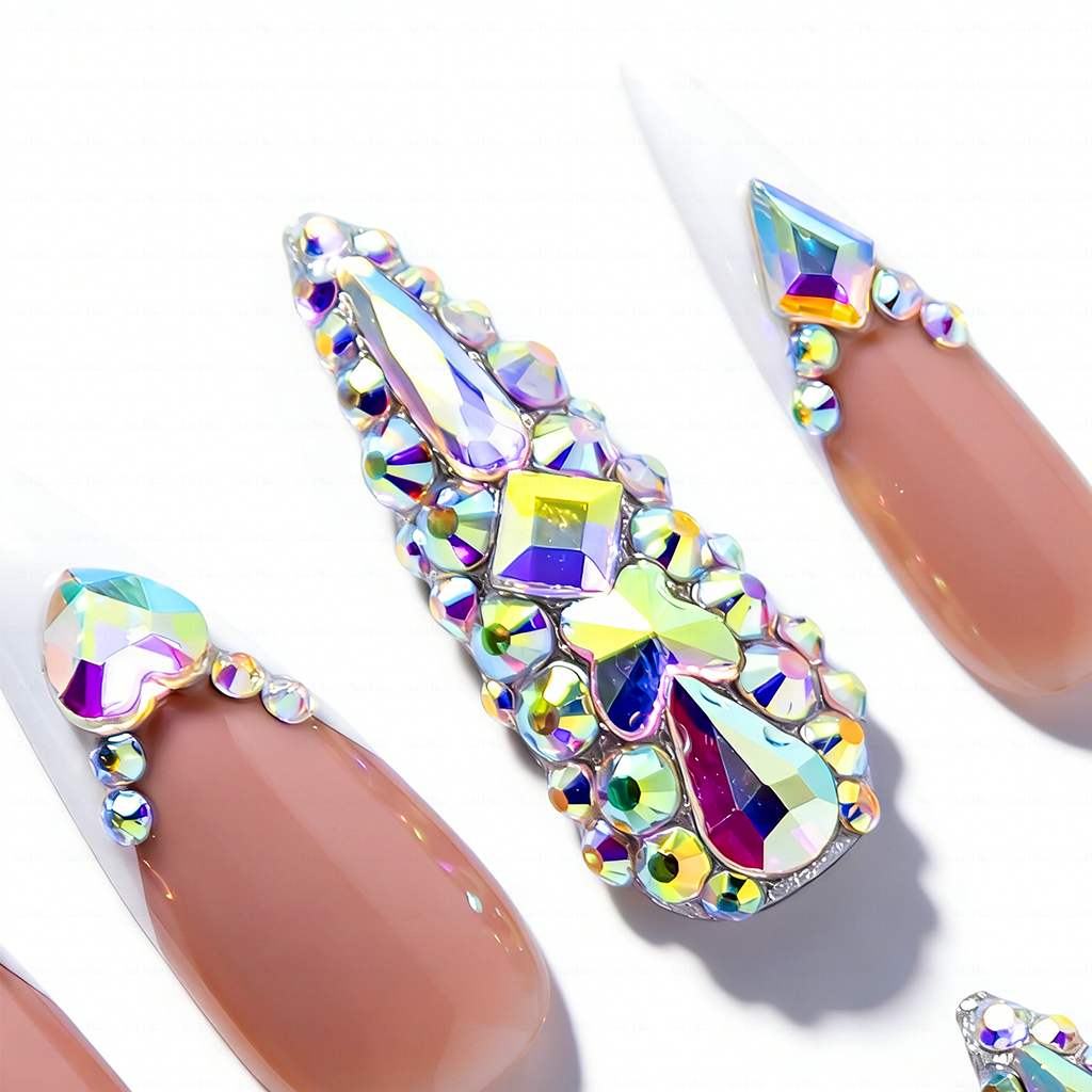 French Glitz – Nude & White Long Almond Press-Ons with French Tips & Iridescent Rhinestone Accents