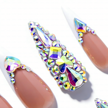 French Glitz – Nude & White Long Almond Press-Ons with French Tips & Iridescent Rhinestone Accents