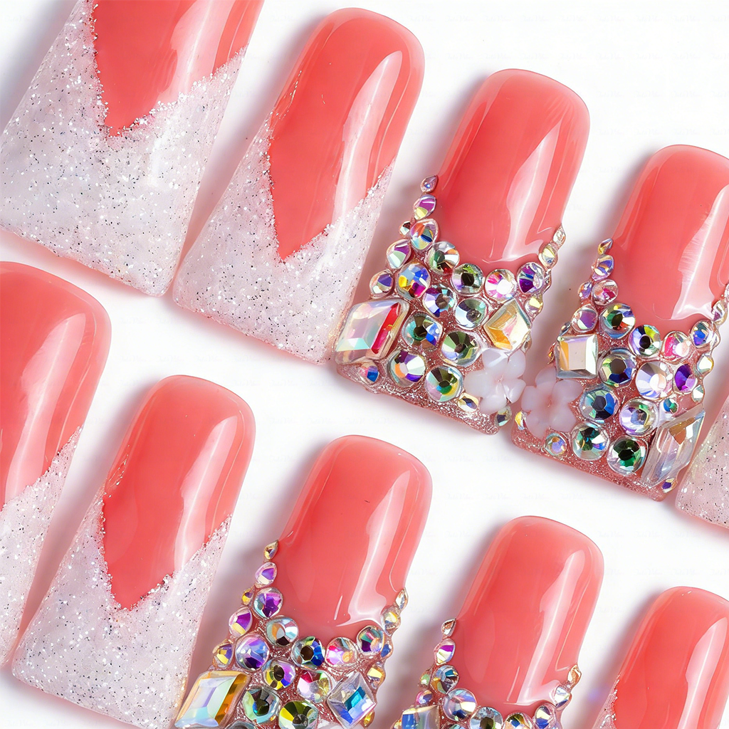 Peach Glitz – Coral & Silver Glitter Long Duck Press-Ons with Crystal Clusters