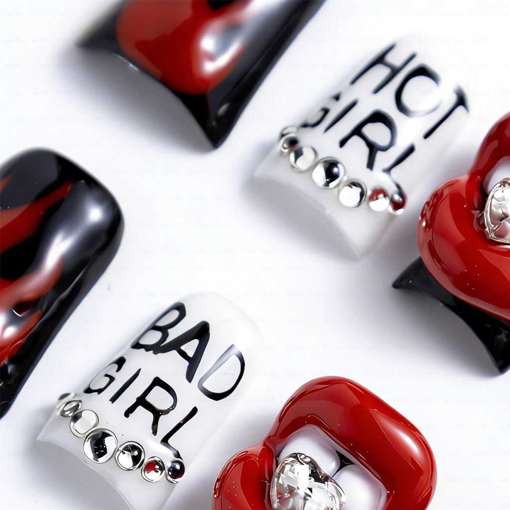Rebel Pout - Rebel Red & Black Short Duck Press-Ons with 3D Lip & Rhinestone Charms