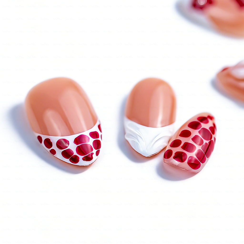 Red Leopard Bloom – Nude Red Short Almond Press-Ons with 3D Floral & Leopard Print Accents