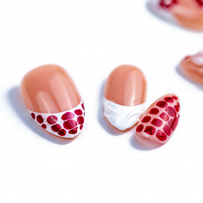 Red Leopard Bloom – Nude Red Short Almond Press-Ons with 3D Floral & Leopard Print Accents