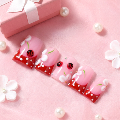Kawaii Spring Ladybug – Pink & Red Short Duck Press-Ons with 3D Flower Charms