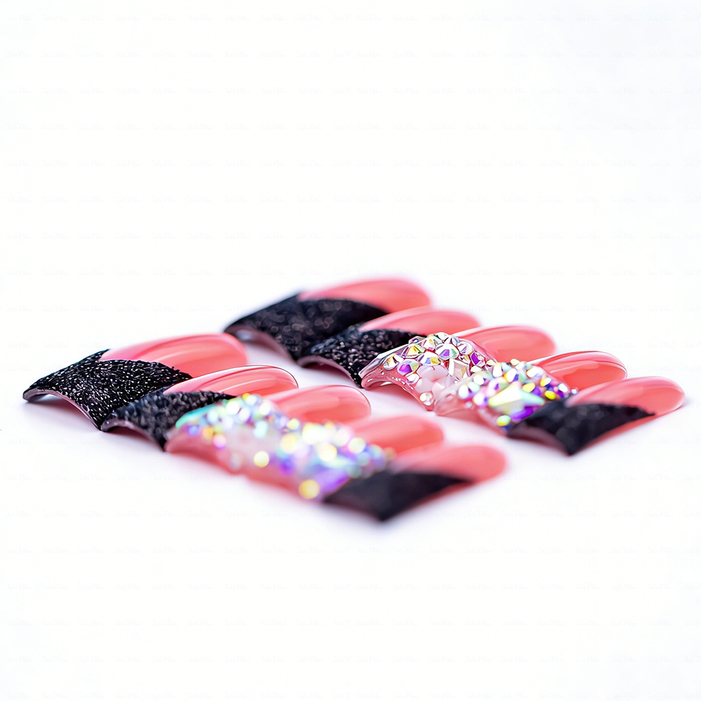 Crimson Noir – Pink & Black Glitter Long Duck Press-Ons with Crystal Accents